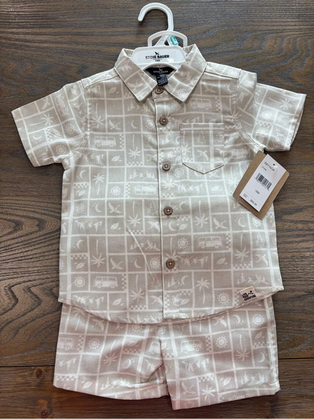 Eddie Bauer | Beige Tropical-Print Button-Down Shirt & Shorts Set | 18 mo
